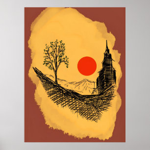 Poster maison d'asie arbre soleil oriental culture campag