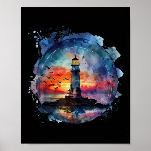 Poster Maison de bord de mer avec phare voile plage batea