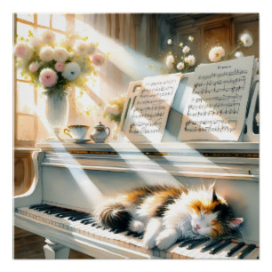 Poster Maison de Cat au Piano Ensoleillée Rêve Cottagecor