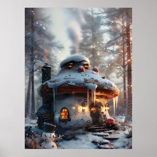 Poster Maison de champignons dans la neige (Devant)