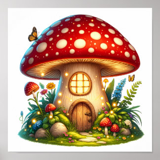 Poster Maison de champignons enchantée Magique Cottage