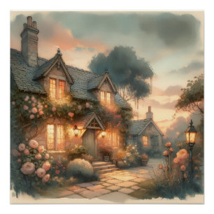 Poster Maison de conte de fées au coucher du soleil avec