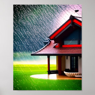 Poster Maison de fée de neige rouge blanc sous la pluie d