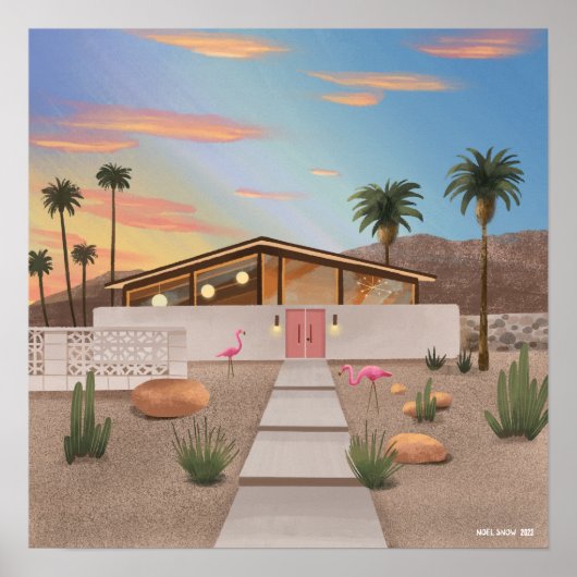 Poster Maison de Flamant rose moderne du milieu du siècle (Devant)