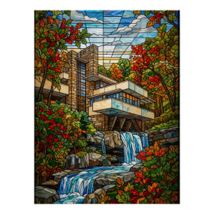 Poster Maison de la cascade en verre coloré Automne