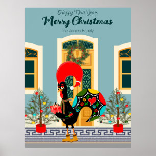 Poster Maison de Noël portugaise avec Rooster Salutations