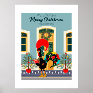 Poster Maison de Noël portugaise avec Rooster Salutations
