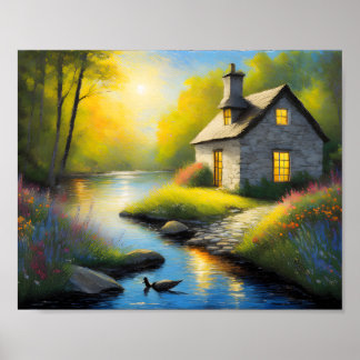 Poster Maison de pierre sur la rivière 2