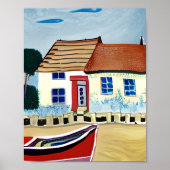 Poster Maison de plage et bateau sur une plage de sable (Devant)