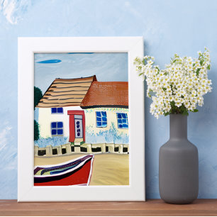 Poster Maison de plage et bateau sur une plage de sable