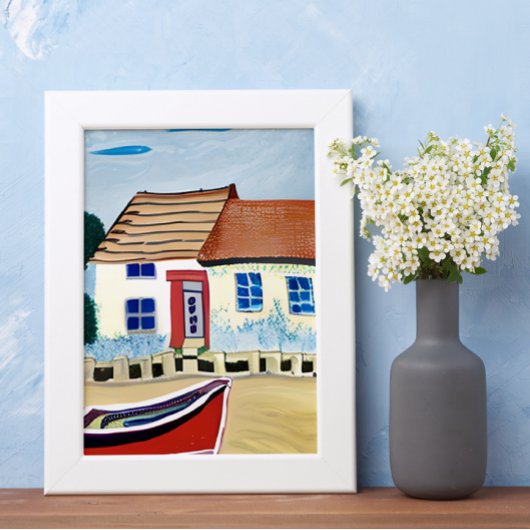 Poster Maison de plage et bateau sur une plage de sable