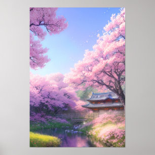 Poster Maison de thé Cherry Blossom au bord de la rivière