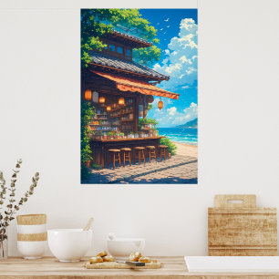 Poster Maison de thé Lanterne au bord de la mer
