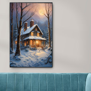 Poster Maison d'hiver Forêt de Neige Peinture d'art lunai