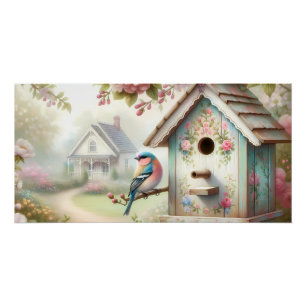 Poster Maison d'oiseau printanière avec fleurs pastel et