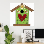 Poster Maison d'oiseaux verte avec coeur et marguerites (Bureau à domicile)