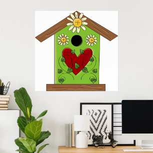 Poster Maison d'oiseaux verte avec coeur et marguerites