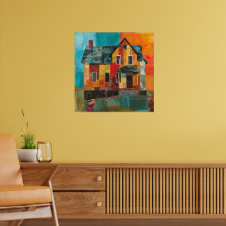 Poster Maison en collage de pièces et de textures