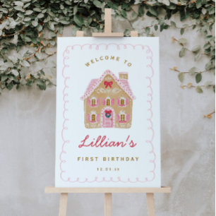 Poster Maison en pain d'épice rose Préppy pour un anniver