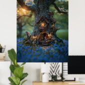 Poster Maison Gnome dans un arbre entouré de cloches bleu (Bureau à domicile)