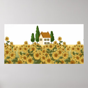 Poster Maison, grands arbres et un champ de tournesols da