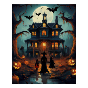Poster Maison hantée d'Halloween pour les enfants qui fon
