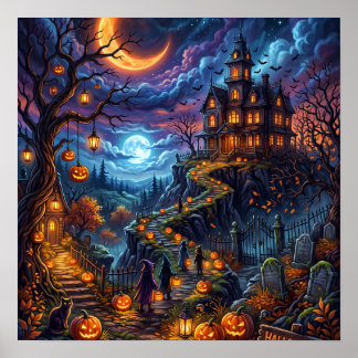 Poster Maison Hantée Épouvantable Nuit d'Halloween Chemin