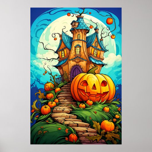 Poster Maison hantée Halloween gardée par citrouille (Devant)