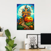 Poster Maison hantée Halloween gardée par citrouille (Bureau à domicile)
