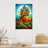 Poster Maison hantée Halloween gardée par citrouille (Cuisine)