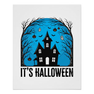 Poster Maison Hantée Halloween Lune Gravure Vintage Dés