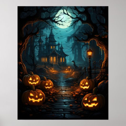 Poster Maison Hantée Sous La Lune Halloween (Devant)
