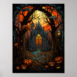 Poster Maison hantée vitrail Halloween Art gothique