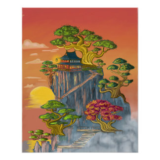 Poster Maison japonnaise et bonzaï sur les roches.
