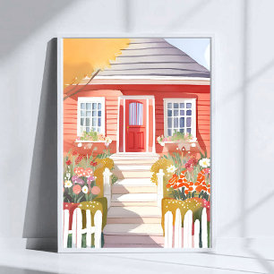 Poster Maison Rouge Jolie Peinture Aquarelle