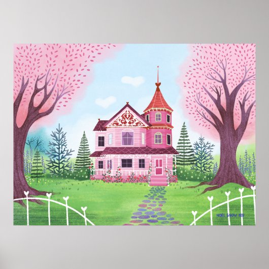 Poster Maison victorienne rose & Fleur de cerisier (Devant)