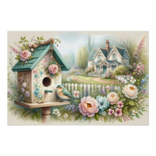 Poster Maisonnette avec Nid de Fleur et Jardin Floral