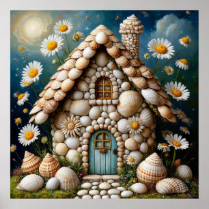 Poster Maisonnette fantaisiste avec jardin fleuri vibrant