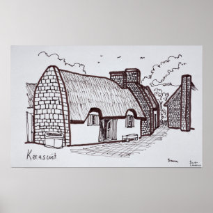 Poster Maisons à toit de chaume, Kerascoet Bretagne, Fr