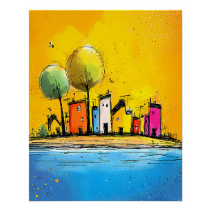 Poster Maisons colorées au bord du lac dans le style cart