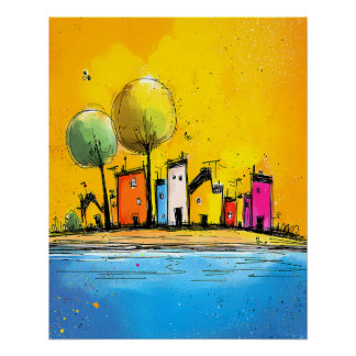 Poster Maisons colorées au bord du lac dans le style cart