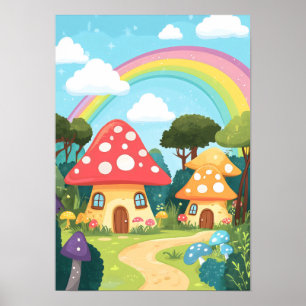 Poster Maisons de champignons et arc-en-ciel 15