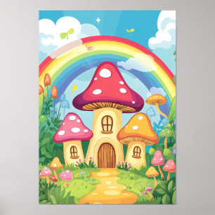 Poster Maisons de champignons et arc-en-ciel 16