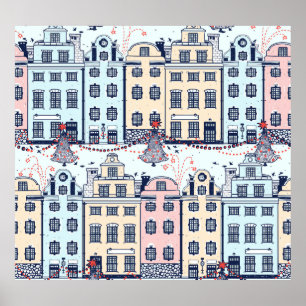 Poster Maisons de Noël, motif festif vintage.