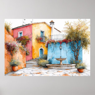 Poster Maisons de village Illustration Pastel Dessin coul