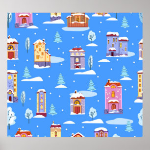 Poster Maisons d'hiver scandinave Motif de neige