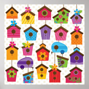 Poster Maisons d'oiseaux colorées et vibrantes
