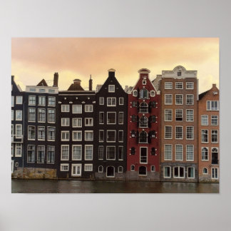 Poster Maisons du canal d'Amsterdam au coucher du soleil