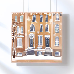 Poster Maisons en grès brun   Rue de la ville enneigée aq