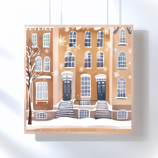 Poster Maisons en grès brun | Rue de la ville enneigée aq